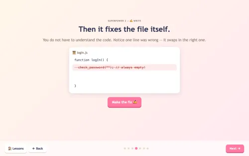 Coding assistant lesson showing an AI fixing a bug in a code file