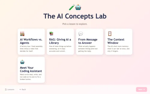 AI Concepts Lab home menu listing the available lessons