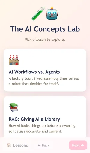 AI Concepts Lab home menu on a mobile phone