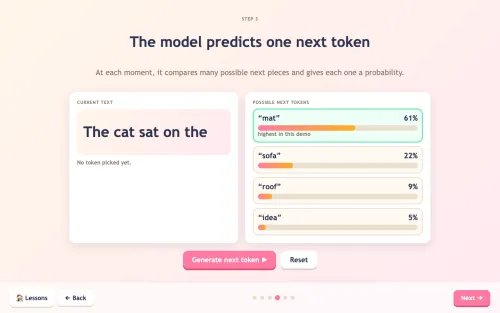 Message-to-answer lesson showing the model predicting the next token with probabilities