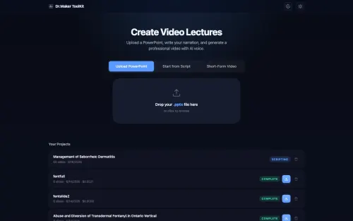 Dr Maker landing dashboard with upload card and recent projects