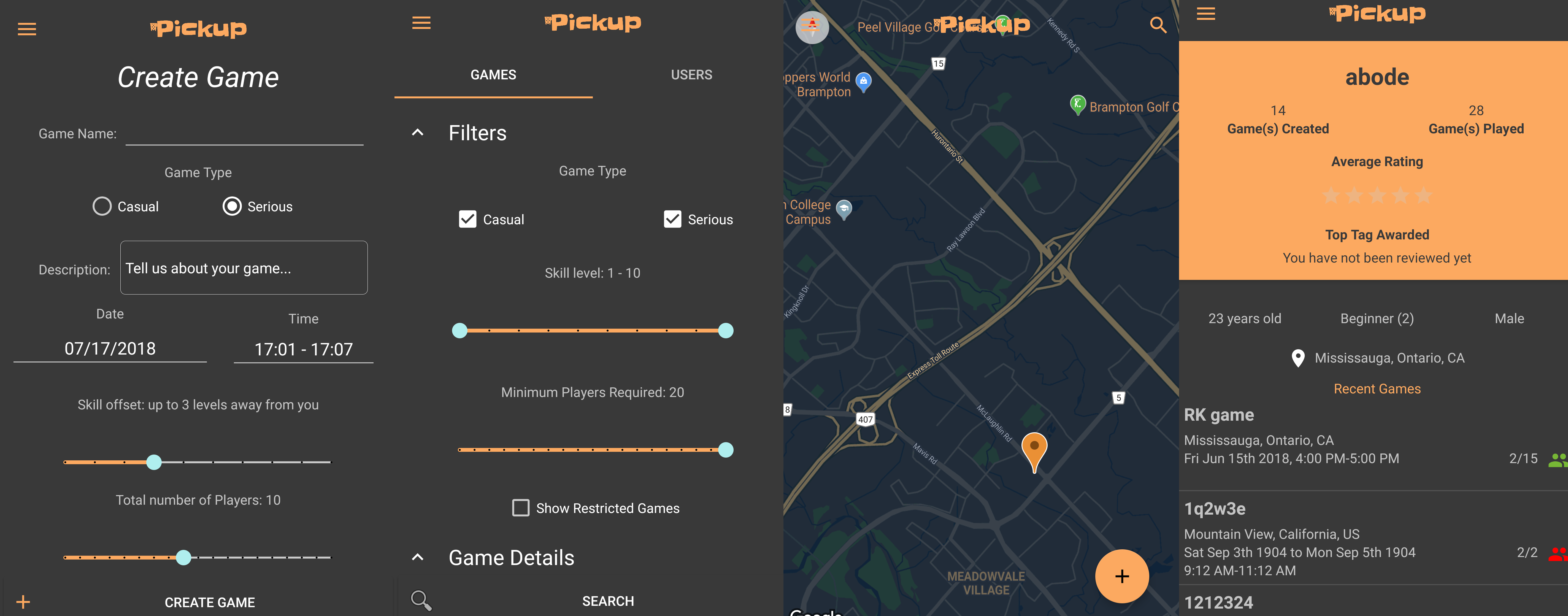 Pickup app game listing screen