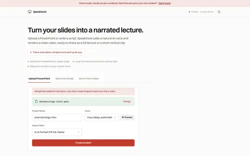 SpeakDeck landing page with the PowerPoint upload and video creation form