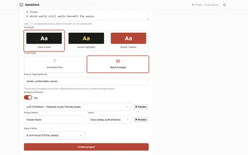SpeakDeck short-form video setup with text style, stock footage, background music, and 9:16 aspect ratio options