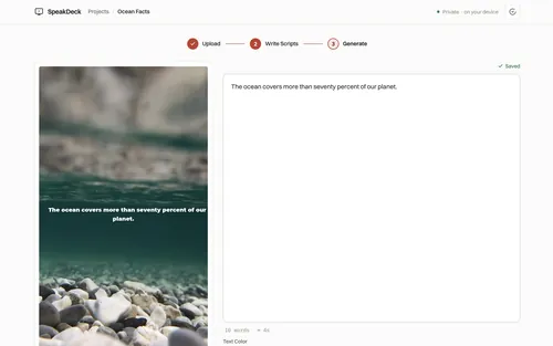 SpeakDeck short-form editor with a vertical 9:16 slide preview beside its narration script