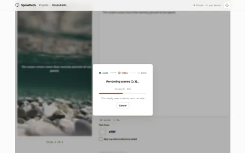 SpeakDeck rendering a short-form video with a scene-by-scene progress indicator